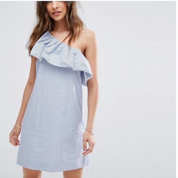 Abercrombie Pinstripe One Shoulder Ruffle Shift Dress MEDIUM - Picture 1 of 14